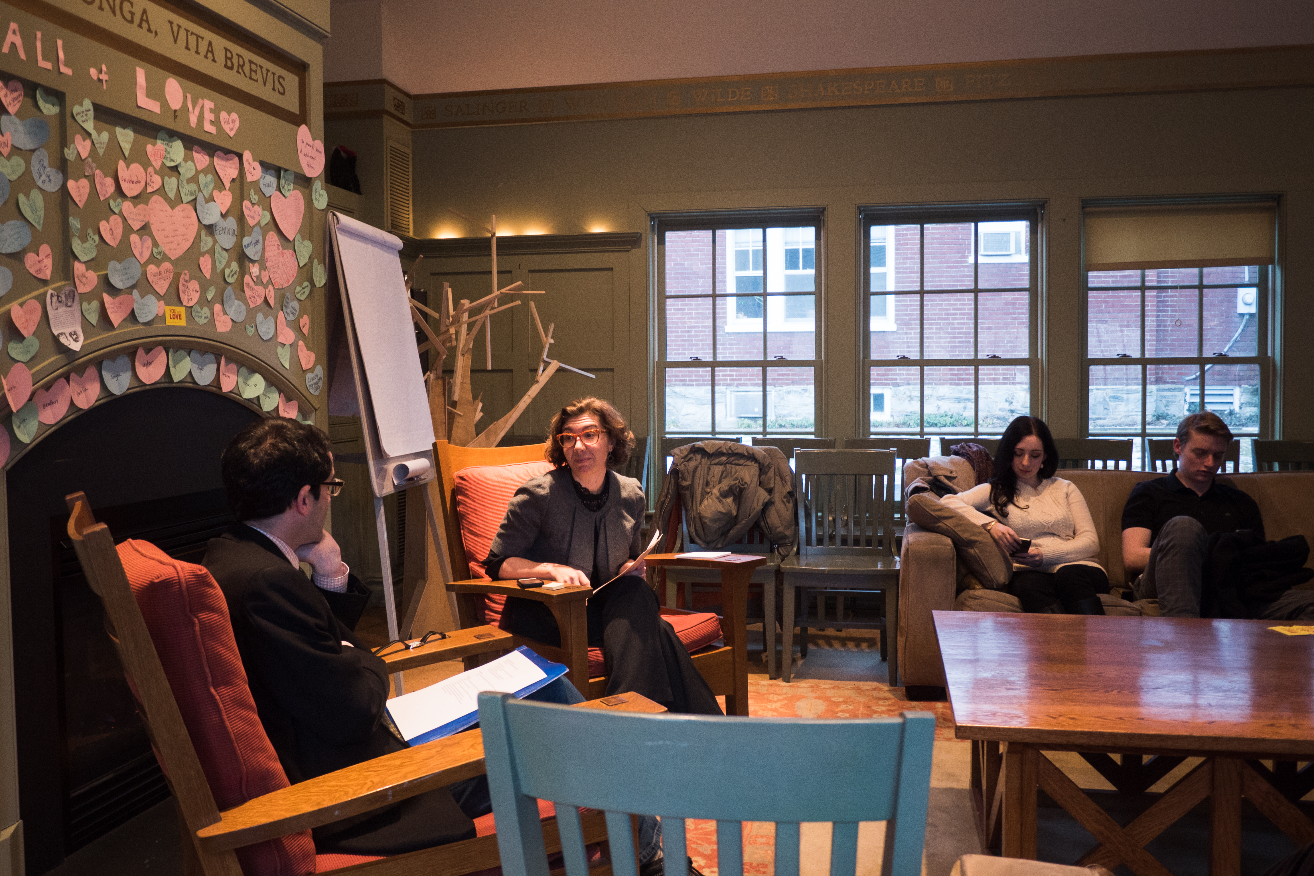 Rachel Andersen-Rabern and Jon Stone address department interest in Chekhov and introduce the production's background and central messages. Photo by Emma Brown '17.