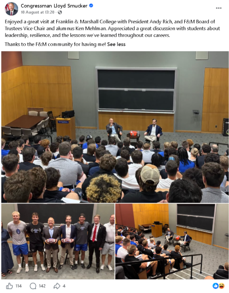 Facebook post by Rep. Lloyd Smucker (R-Pa.) about his visit to Franklin and Marshall College